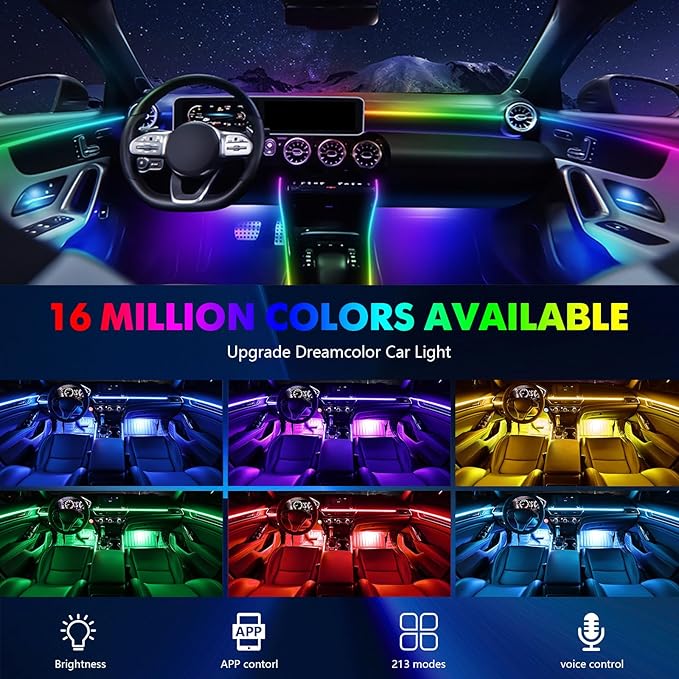 2026 Upgraded Car Ambient Lighting Kits Dreamcolor Acrylic Interior Car LED Strip Light with Wireless APP, RGB 22 in 1 Dynamic Chasing Music Sync LEDs Fiber Optic Strip Lights