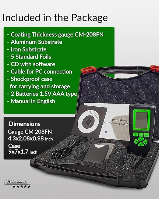 Digital Coating Thickness Gauge CM-208FN / Automatic Thickness Paint Meter for Steel and Aluminum with Resolution 0.001mils /0.1um (Fe/Al)