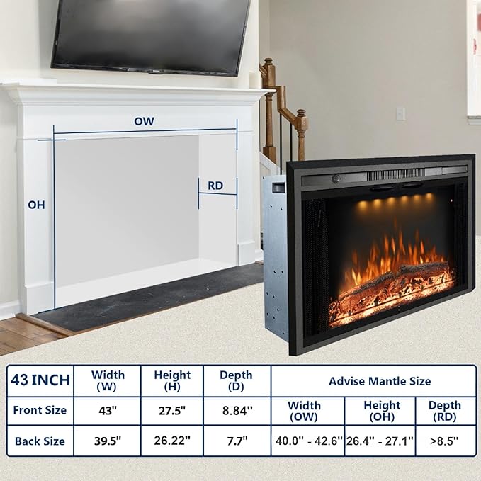 43 Inches Electric Fireplace Insert, 750W/1500W Fireplace Heater with Adjustable Flame and Top Light Colors, Fire Crackling Sound, Remote Control, Timer, Glass Door & Mesh Screen, Black
