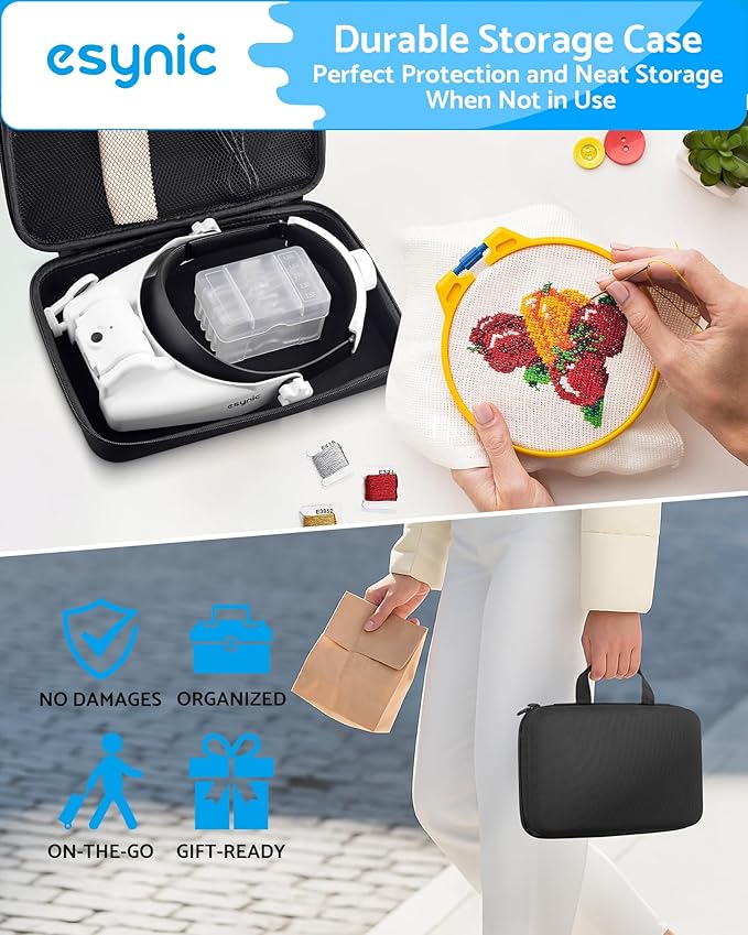 eSynic Comfortable Head Magnifier with Light Storage Case Rechargeable 1X-14X 5 Acrylic Lenses Double Lens Design Adjustable Headband Magnifying Glass for Reading Crafts Jewelry Repair Close Work