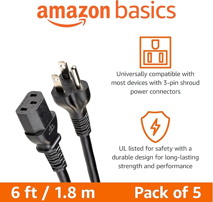 Amazon Basics PC Power Cord, 6 feet, 5-Pack, AC Power Cord for Monitor, Computer, TV, 3 Prong, 18 AWG, 125 Volts, Black