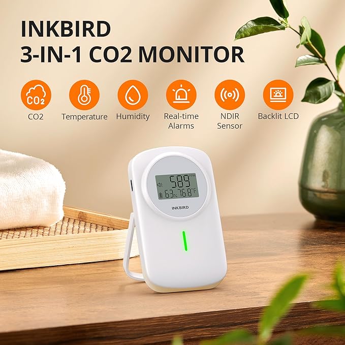 INKBIRD CO2 Monitor Ndir CO2 Detector 3 in 1 Meter | Carbon Dioxide & Temperature & Humidity Air Quality Monitor Indoor Battery Powered | Dual Alarm System | for Home, Office, RV, Grow Tent (IAM-O2)