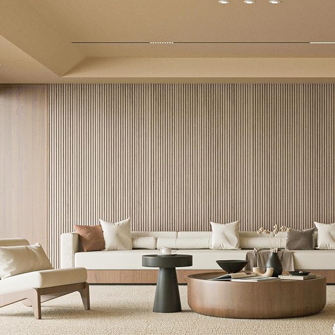 Art3d Slat Wood Wall Paneling for Interior and Ceiling Decoration - Pack of 4pcs + 1pc End-Trim, Size 108 x 5.7in.- Ashtree