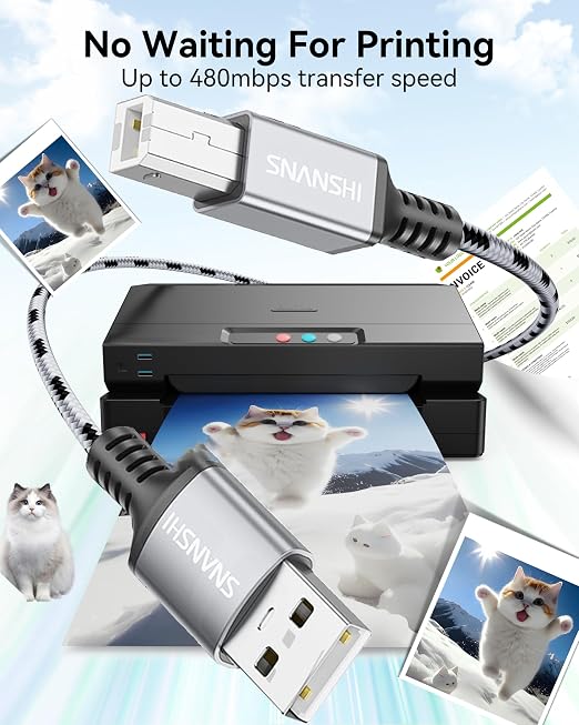 SNANSHI Active Printer Cable 50ft, Nylon Braided Heavy Duty USB 2.0 Type A to B - Image 6