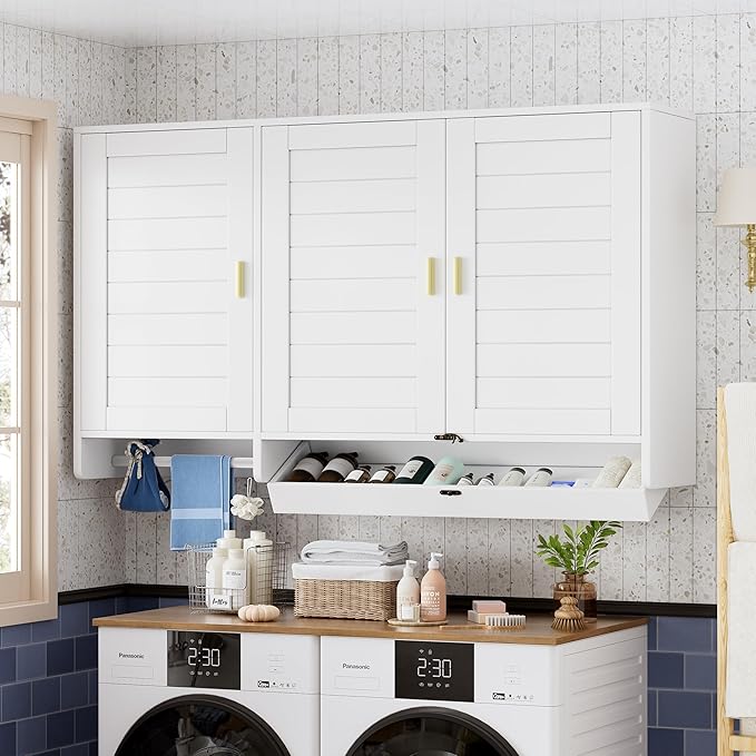 PAKASEPT 44.8" W Kitchen Wall Cabinet, Laundry Room Cabinets - Bathroom Wall Cabinet with Flip-Bottom Drawer and Hanging Rod, Storage Cabinets for Bathroom, Kitchen, Entryway, Laundry Room