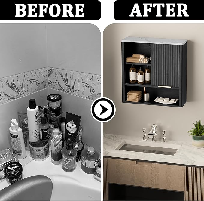 Bathroom Wall Cabinet, Fluted Medicine Cabinet with Adjustable Shelves, Wood Over The Toilet Storage Cabinet for Kitchen, Living Room, Laundry Room, Black