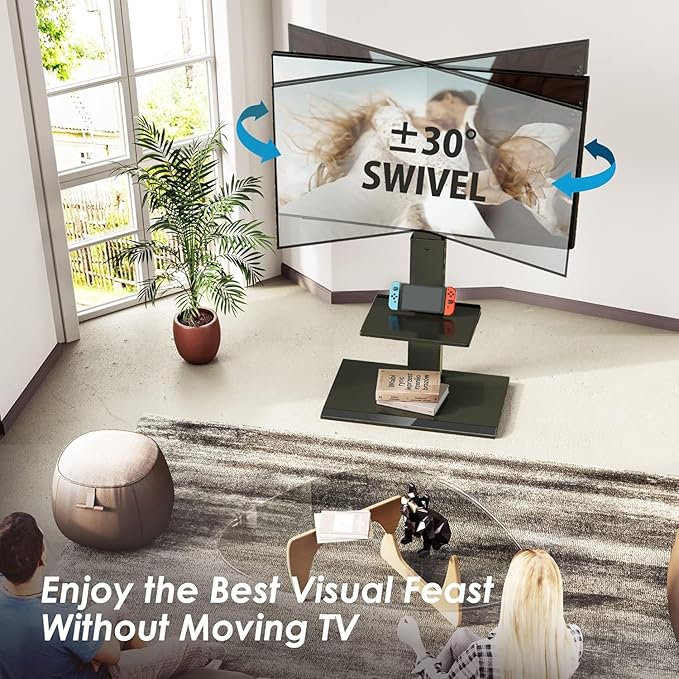 FITUEYES Floor TV Stand with Mount for 32-55 65 Inch TV, Height Adjustable TV Floor Stand with Metal Shelf up to 110 lbs, Swivel Tall TV Stand with Study Iron Base for Living Room, Bedroom