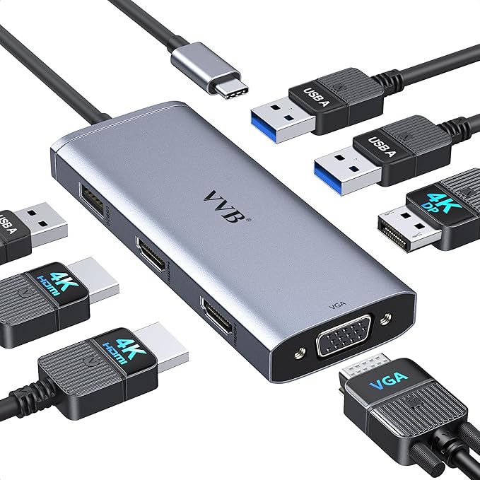 USB C to Dual HDMI Adapter,USB C Docking Station Dual Monitor Hub for Dell/HP/Lenovo Laptop,iPhone 15,USB C Hub Dongle Multi Monitors Adapter with 2 HDMI Ports+Displayport DP Port+VGA+3 USB