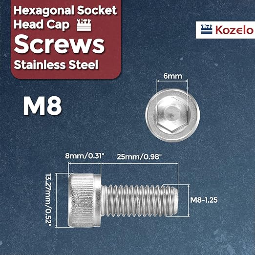Kozelo 20pcs Socket Head Cap Screws - [M8-1.25 x 25mm] 304 Stainless Steel Allen Socket Drive for Electrical Motor 3D Printing Fan Engine Replacement Use, Silver