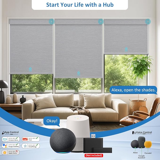 MANSNIX Smart Motorized Blinds with Remote, Cordless No-Drill Automatic Roller Shades, Blackout Electric Blind for Windows, Grey, 23 x 72