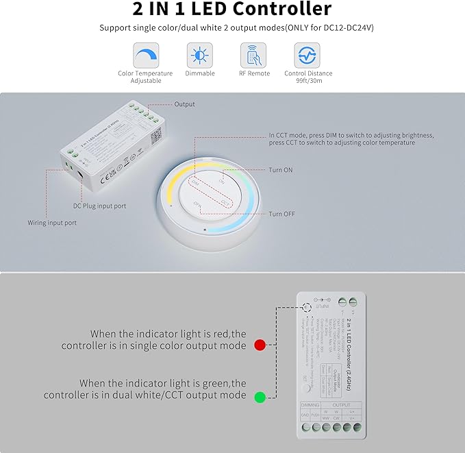PAUTIX Single Color+CCT LED Controller Magnetic Panel Dimmer,2.4G RF Wireless Remote Control,288W High Output 2-in-1 LED Controller/Driver,for 2835/3528/5050/COB/CCT PWM LED Strip Lights,12V 24V