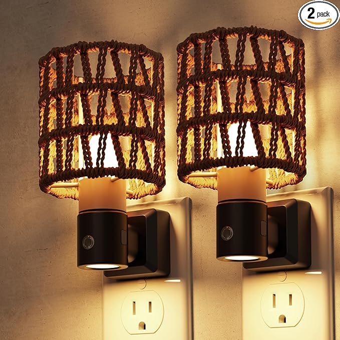 L LOHAS LED Night Lights Plug into Wall, 2 Pack Cylindrical Ironwork Boho Lampshade Decor Night Light, 350° Rotatable Dusk to Dawn Sensor Vintage Nightlight, Dimmable for Bedroom Living Room Hallway