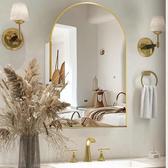 Gold Medicine Cabinet with Mirror,Bathroom Arched Medicine Cabinet Wall Mounted,Modern Vanity Mirror with Storage,Bathroom Storage Cabinet with Adjustable Shelves,Not Recessed,24x36 Inch