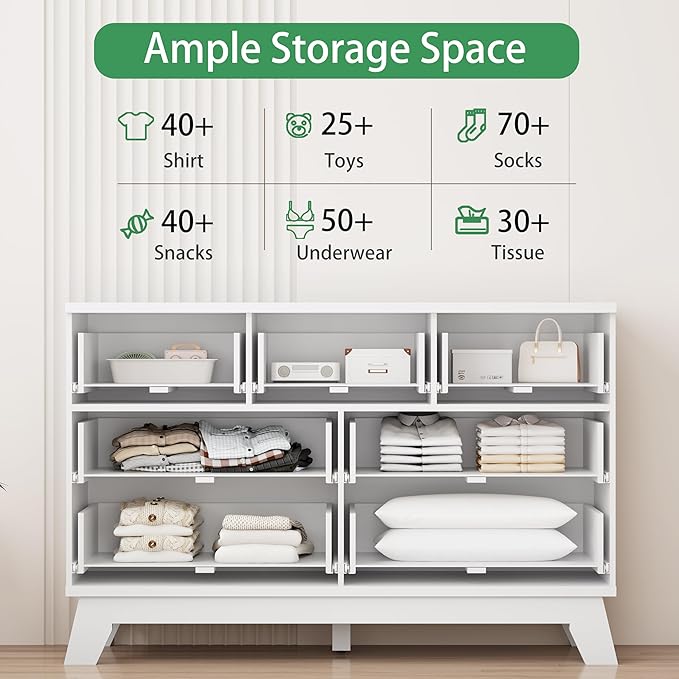 Xixini Fluted Dresser for Bedroom with 7 Drawers, 48" Wide Modern Chest of Drawers with Metal Handle, Wooden Dresser TV Stand, Wood Closet Clothes Storage Organizer for Living Room, Hallway, White
