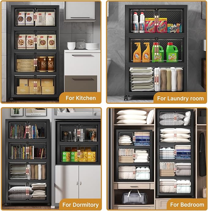 Extra Large Stackable Storage Bins with Lids & Wheels, 275QT-55QT/14GAL*5Pack Foldable Collapsible Closet Organizers Dark Storage Cabinet with Doors for Bedroom Dorm