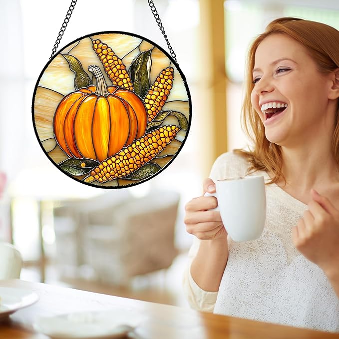 DASTOLL Stained Glass Window Hanging Autumn Harvest Pumpkin Corn 6.3" - Suncatcher Door Garden Kitchen Sunroom Sun Catcher Fall Home Decor Birthday for Mom Grandma Men Woman