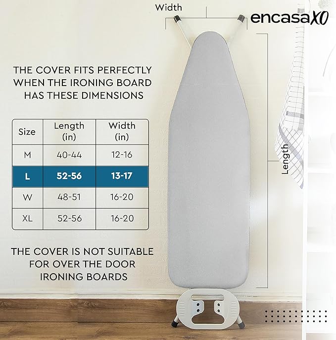 Encasa XO Ironing Board Cover and Pad 54"x15" - 4mm Felt & 2mm Foam Metallized Silver Iron Board Cover with Padding - Heat & Scorch Resistant, Non Slip, Bungee Elasticated, 3 Fasteners Silver Luxury