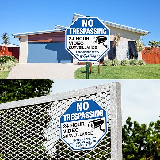 2-Pack No Trespassing Sign Private Property Protected By Video Surveillance Violators Will Be Prosecuted Sign, 10 x 10 Inch Reflective Aluminum, UV Protected, Weather/Fade Resistant, Easy to Install