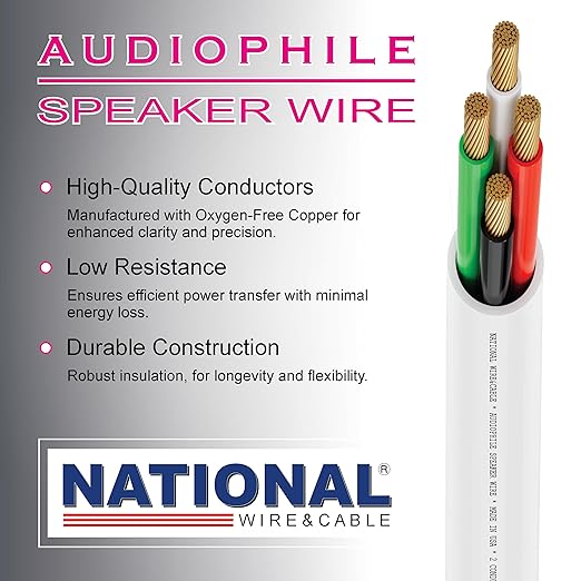 NATIONAL Wire&Cable - 16/4 Audiophile Speaker Wire (200 Feet) 16AWG Gauge - Made in USA - in Wall Audio Speaker Wire Cable/CL Rated/ETL Listed / 2 Conductors - OFC Oxygen-Free Copper, White 200ft