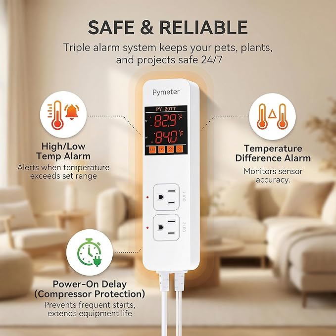 Pymeter 2 in 1 Digital Temperature Controller Dual Outlet Heat Mat Thermostat Reptile Greenhouse Heater Home Brewing Freezer Cooling Heating Pad Control 16A 1920W