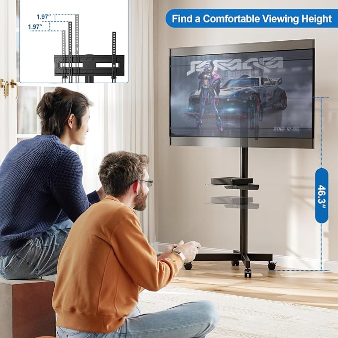 HOLMAXD Mobile TV Stand for 23-65 Inch LCD LED Flat/Curved Panel Screen TVs, Height Adjustable Rolling Floor TV Cart with Tilt Mount and Shelf, Portable Stand Holds up to 110 lbs, Max VESA 400x400mm