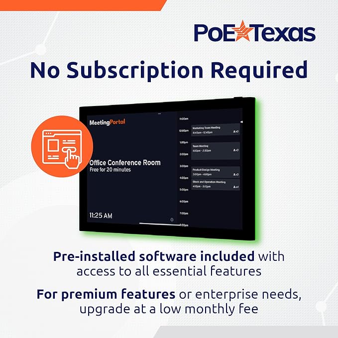 PoE Texas 8" Conference Room Scheduler with Color Changing LED Status - PoE Powered Touch Screen Tablet for Meeting Room Booking - Syncs with All Popular Business Calendars - No Subscription Required