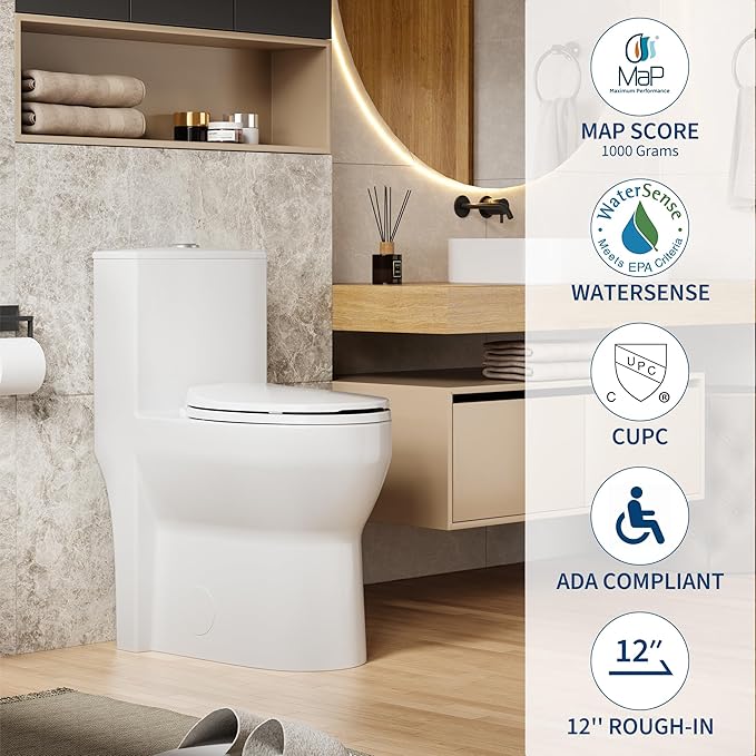 One Piece Toilet with 19" ADA Height, Round Bowl Design, Soft Closing PP Toilet Cover, Easy Clean Surface, Water Efficient Flush