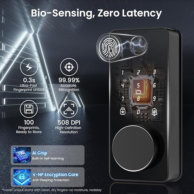 Keyless Entry Door Lock with 2 Knobs, Biquole Fingerprint Keypad Deadbolt, Smart Deadbolt for Front Door Lock Set, Auto Lock, One-time Codes, Easy to Install, App Control