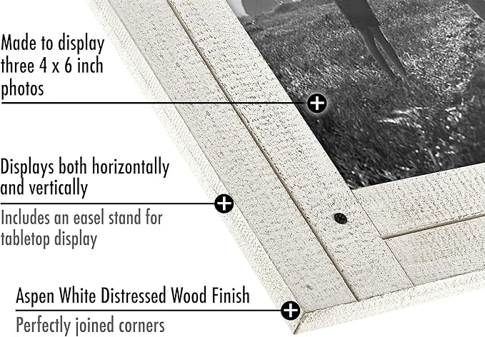 Americanflat Hinged 4x6 Triple Picture Frame with 3 Photo Openings and Polished Glass - Distressed Wood Collage Picture Frames for Tabletop and Wall Display - Hampton Collection - Aspen White