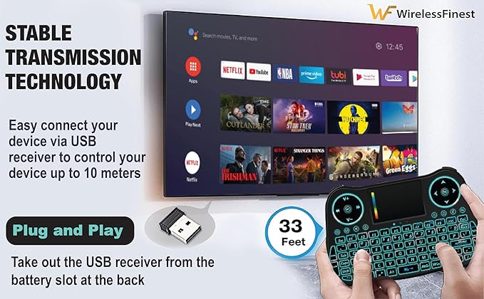 Wireless Mini Keyboard Remote Control Touchpad Mouse Combo Controller with RGB Backlit for Android TV Box Smart TV with OS+USB PC Computer Laptop Window OS HTPC Home Theater PC + USB 2.4GHz Dongle