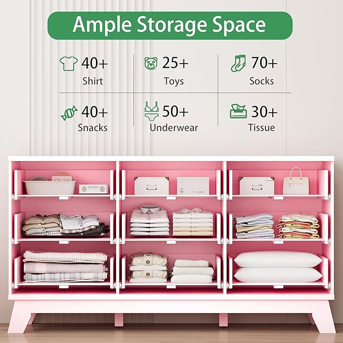 Xixini Fluted Dresser for Bedroom with 9 Drawers, 57" Wide Modern Chest of Drawers with Metal Handle, Wooden Dresser TV Stand, Wood Closet Clothes Storage Organizer for Living Room, Hallway, Pink
