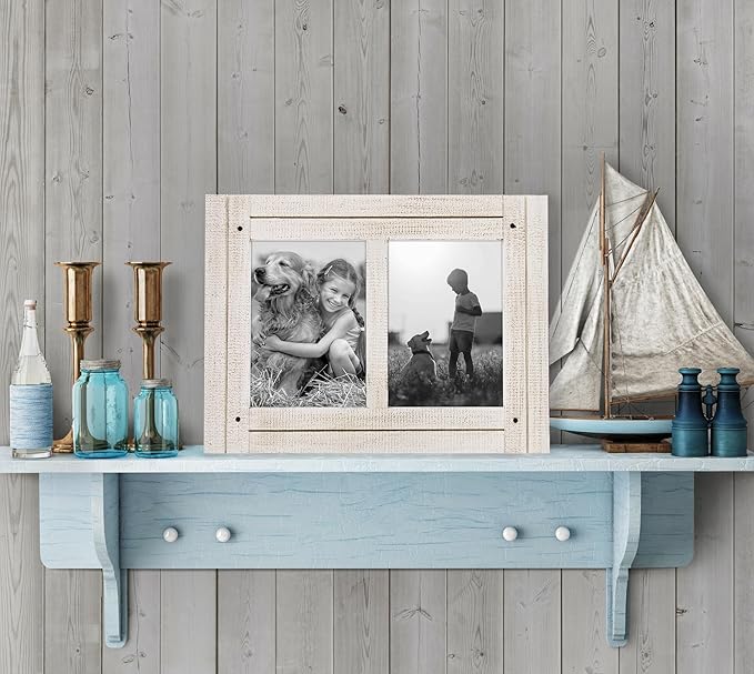 Americanflat Hinged 5x7 Double Picture Frame with 2 Photo Openings and Polished Glass - Distressed Wood Collage Picture Frames for Tabletop and Wall Display - Hampton Collection - Aspen White