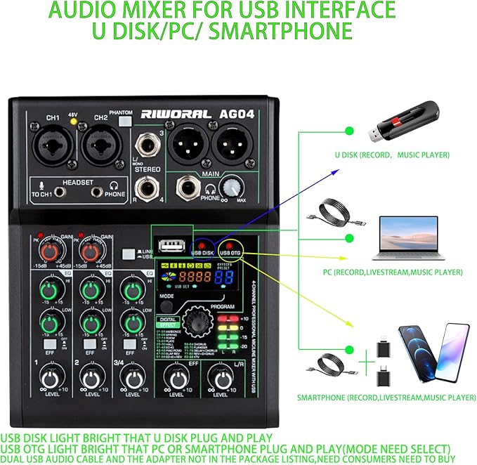 4 Channel Audio Mixer With Effects 88 Dsp Mixer Mixing Board Usb Interface Bluetooth Music Player + 48v Line Phantom Power Audio Mixer To Pc/Phone For Karaoke Record Livestream
