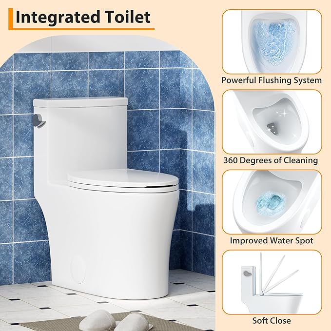 One-Piece Toilet for Bathroom, Comfort Height 16", Elongated with Under-Locking Lid, Soft Close Seat, Dual Flush, Powerful Flush