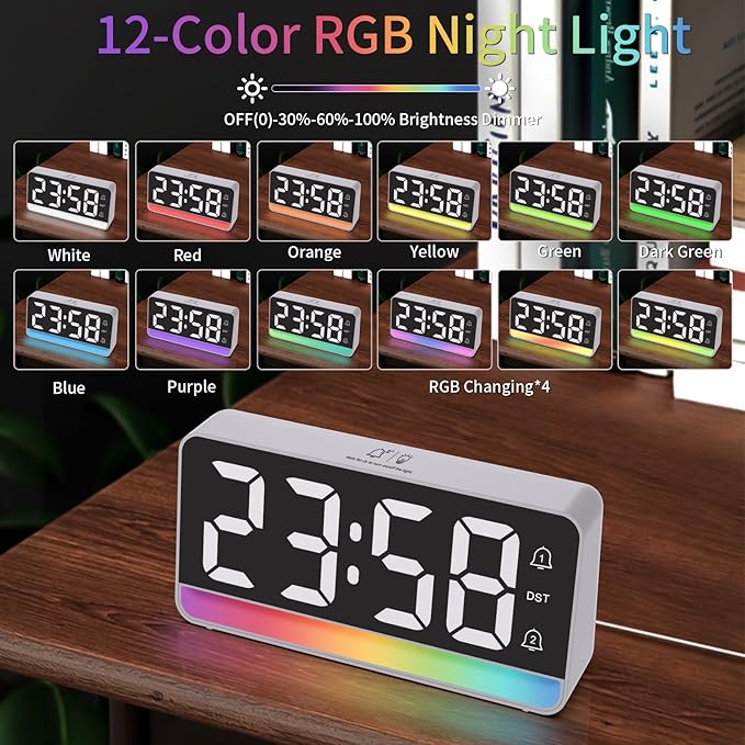 Alarm Clocks for Bedrooms, Digital Bedside Clock with RGB Night Light, Adjustable Volume for Heavy Sleepers, USB Charger, Large Display, Modern Decor for Desk, Dimmable Alarm Clock for Kids(White)