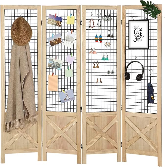 Wnutrees 4 Panel Gridwall Display, Portable Freestanding Display Board for Craft/Art Shows, Retail, Events, Decorative Wood Room Divider Folding Screens, Natural