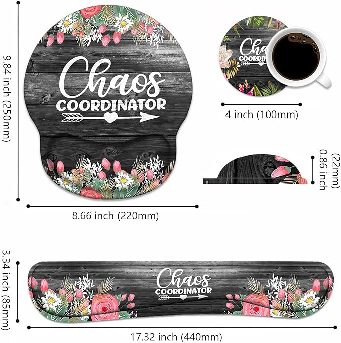 Keyboard Wrist Rest + Mouse Pad Wrist Support Set with Coasters, Chaos Coordinator Quotes Colored Floral Wreath Print Wrist Mouse Pad with Non-Slip PU Base for Home Office Working Studying