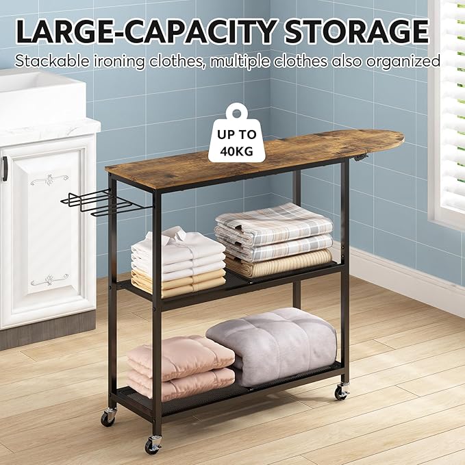 GILLAS Ironing Board with 2 Tier Storage Basket, Movable Ironing Board Full Size for Iron Rest & Clothes, Tabletop Ironing Boards, Ironing Stand Iron Boards Ironing Table Rustic