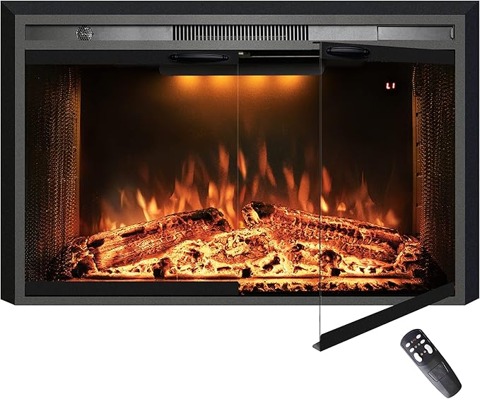 40“ Electric Fireplace Insert, 750W/1500W Fireplace Heater with Adjustable Flame and Top Light Colors, Fire Crackling Sound, Remote Control, Timer, Glass Door & Mesh Screen, Black