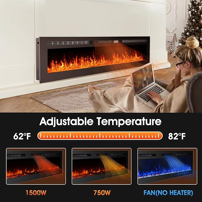 90 inch Ultra-Thin Electric Fireplace Recessed and Wall Mounted with Touch Screen Control Panel/Remote Control/App Control - Timer,Realistic 5 Flame - Crystal