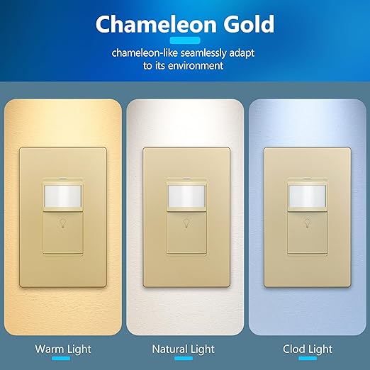 LIDER Motion Sensor Switch with Screwless Wall Plate, UL Listed, PIR Sensor Switch, Occupancy/Vacancy, No Neutral Required, Ground Wire Required, 1-Pole, Modern Smart Home, Gold