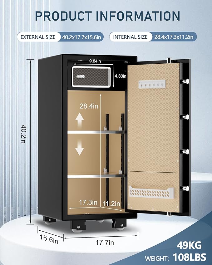 TIGERKING 5.9 Cu.ft Large Heavy Duty Safe Box, Big Home Security with Double Safety Key Lock, Adjustable Shelves, Anti-Theft Alarm System, Removable Wheels, Ideal for Home Office, Black