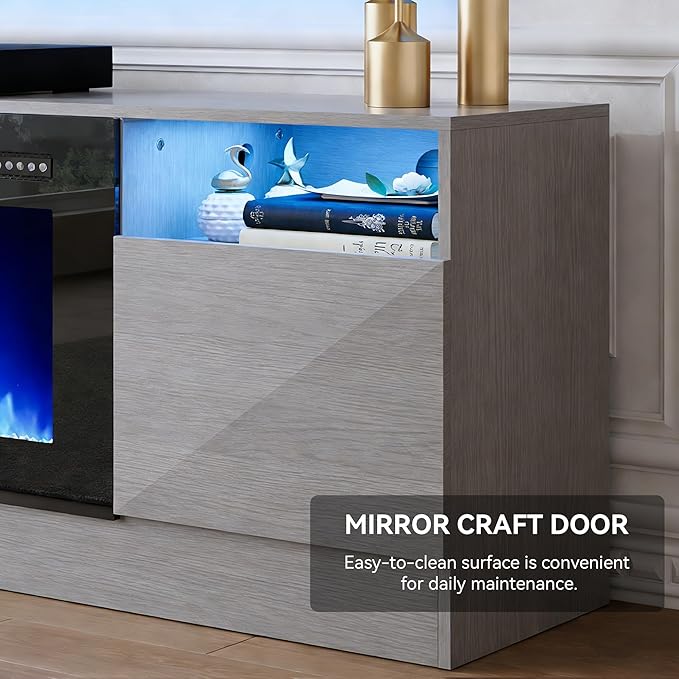 YISUFO 70" TV Stand with 36" Electric Fireplace, Large Modern Media Entertainment Center with Storage Cabinet and 12 Colors LED Lights for TVs Up to 80",Grey and Black