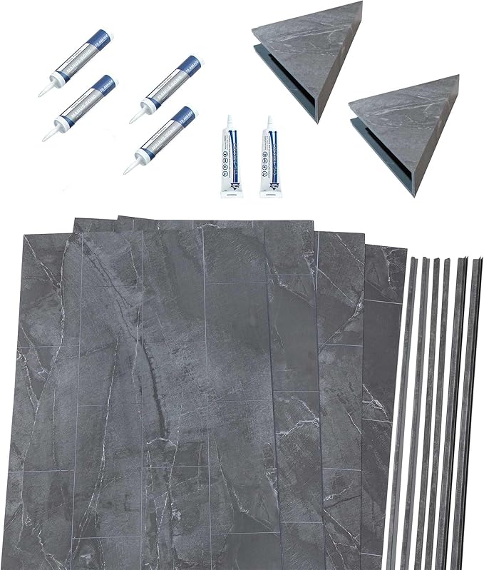 Palisade 78in x 60in x 32in Waterproof Vinyl Shower Surround Kit with Accessories in Urban Quarry