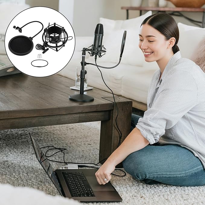 Anti-vibration Microphone Shock Mount for 46mm-50mm Condenser Microphones with Pop Filter for Broadcasting Studio Music Recording, Wind Pop Screen Flexible 360 Degree Gooseneck Clip Arm