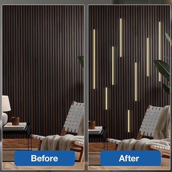 NeatiEase LED Recessed Lighting Kit for Wood Slat Wall Panel, 8 Pcs Self-Adhesive 3000K Warm LED Light with Smart Switch and Adjustable Brightness for Cabinet, Headboards, Stairs, Kitchen