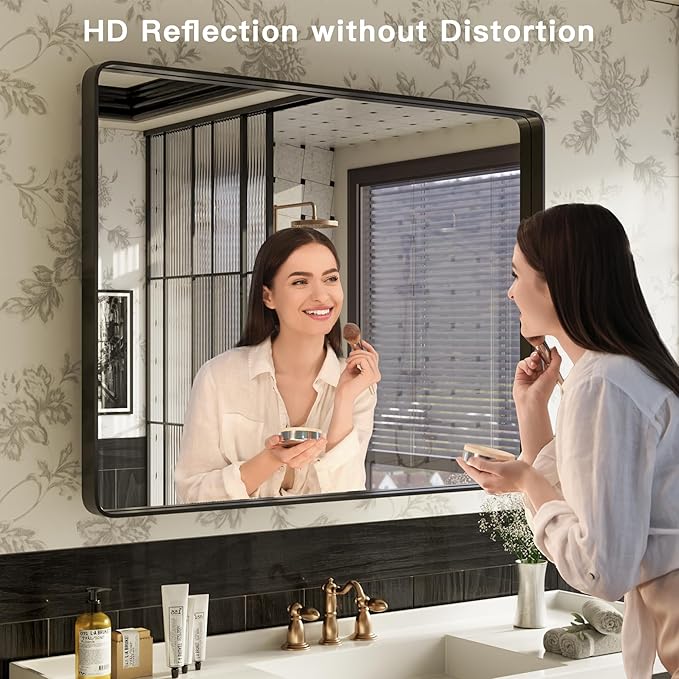 ISKM Black Metal Framed Bathroom Mirror for Wall 40" x 30" Black Bathroom Vanity Mirror, Rounded Rectangle Mirror, Anti-Rust (Horizontal/Vertical)