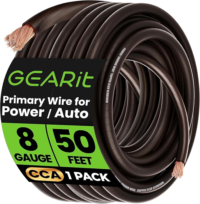 GEARit 8 Gauge Wire (50ft - Black Translucent) Copper Clad Aluminum CCA - Primary Automotive Wire Power/Ground, Battery Cable, Car Audio Speaker, RV Trailer, Amp, Electrical 8ga AWG 50 Feet
