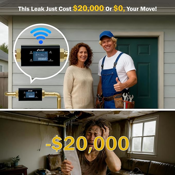 Frizzlife LP365-P Smart Water Monitor and Automatic Shutoff - 0.01 GPM Ultrasonic Micro Leak Detection, Wi-Fi / APP Control, Pressure+Flow Monitoring, 24/7 Water Usage Reports, Fits 3/4" and 1"