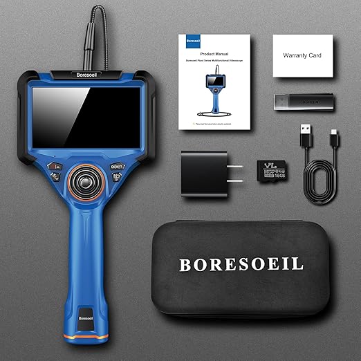 BORESOEIL 360° Articulating Borescope, 5.0FT 0.25in HD 1080P Flexible Snake Camera with Light, 5" IPS Screen for Plumbing & Machinery Inspection, Waterproof Endoscope